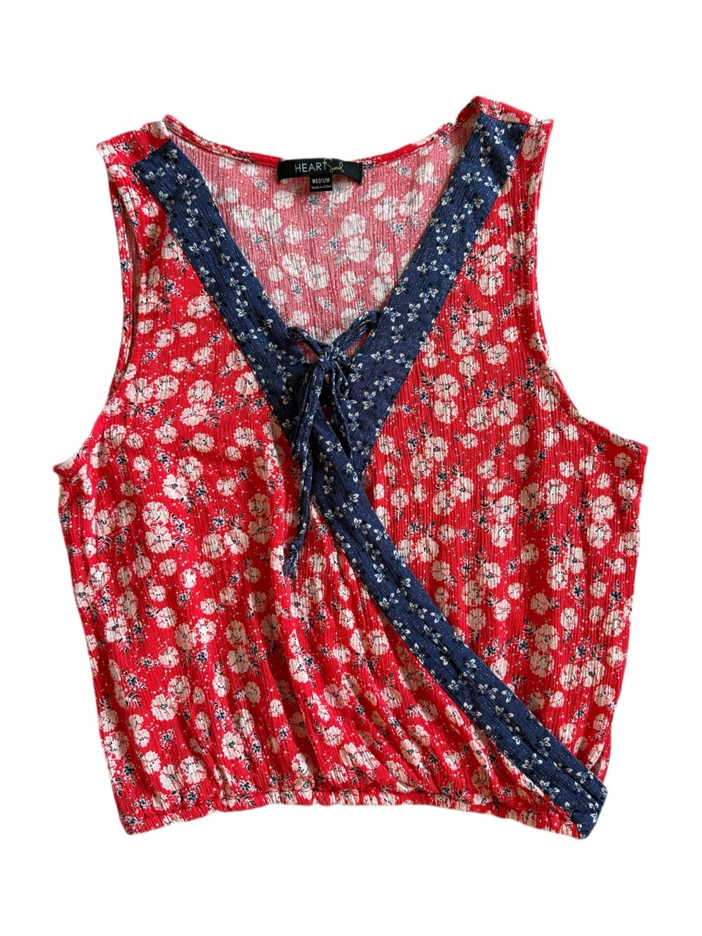 HeartSoul Red Floral Tie-Front Sleeveless Tank with Navy Trim